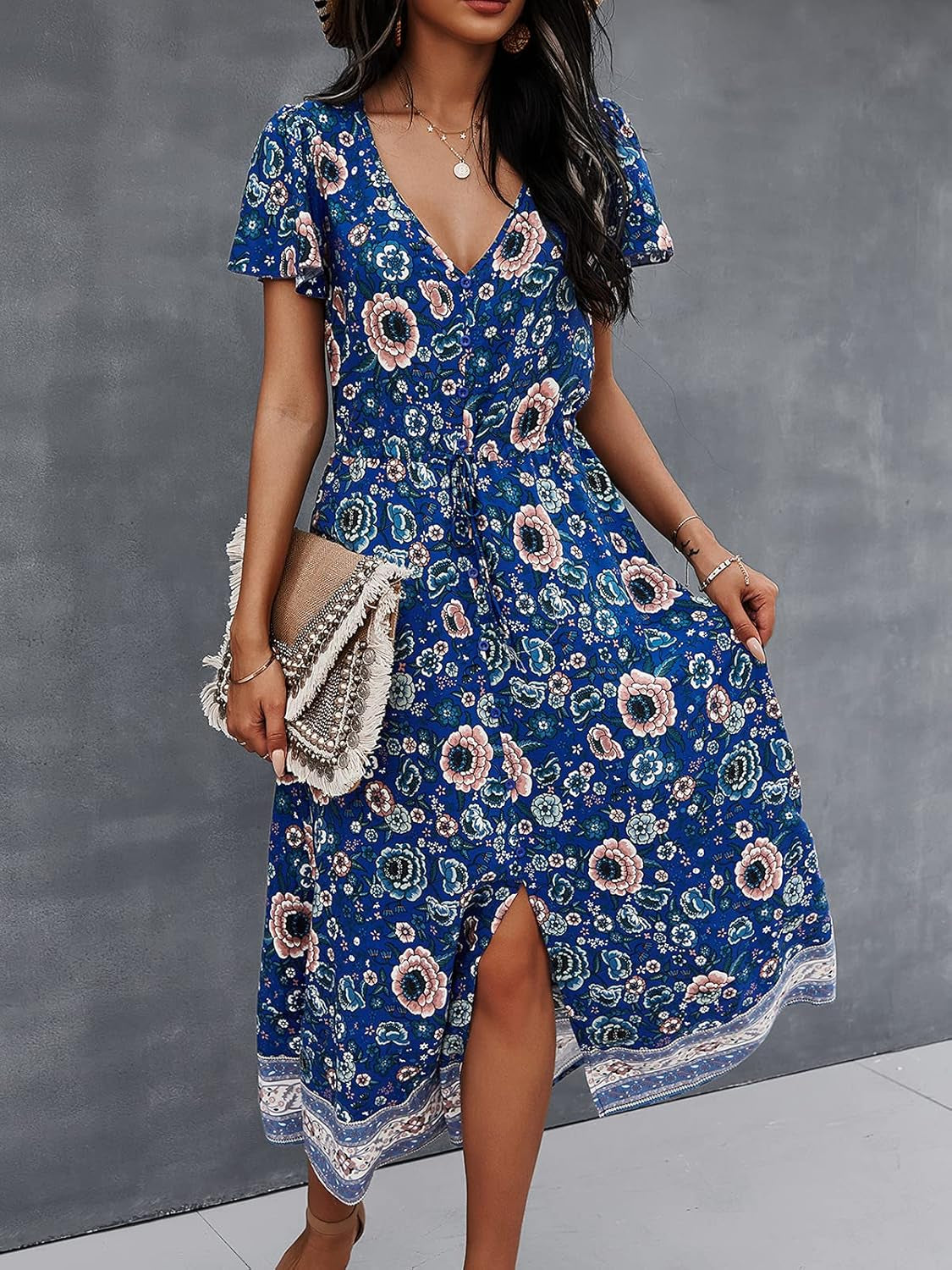 Women'S Dress Bohemian Short Sleeve Summer V-Neck Split Floral Printed Casual Maxi Dresses for Beach Party Blue XL-sassyexpress