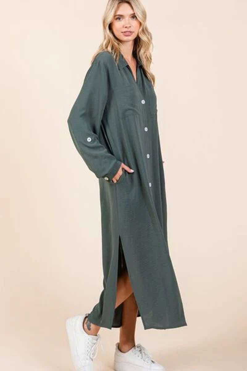 Mittoshop Airflow V-Neck Long Sleeve Button down Maxi Dress-sassyexpress
