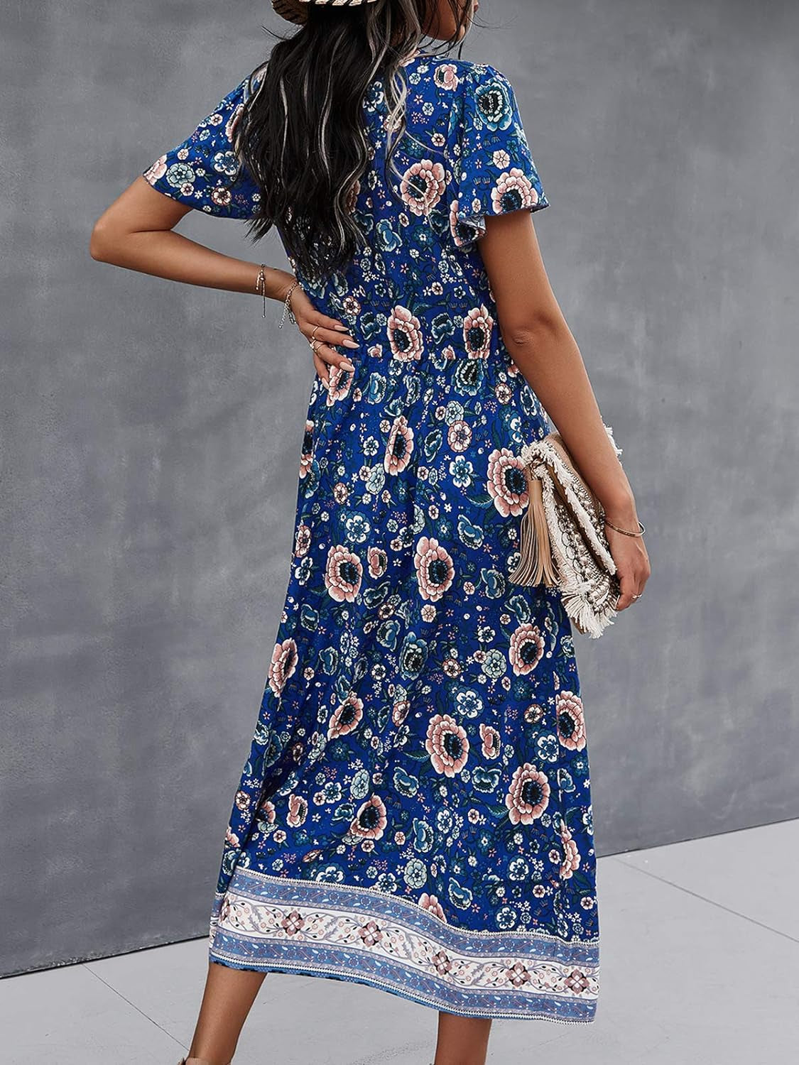 Women'S Dress Bohemian Short Sleeve Summer V-Neck Split Floral Printed Casual Maxi Dresses for Beach Party Blue XL-sassyexpress
