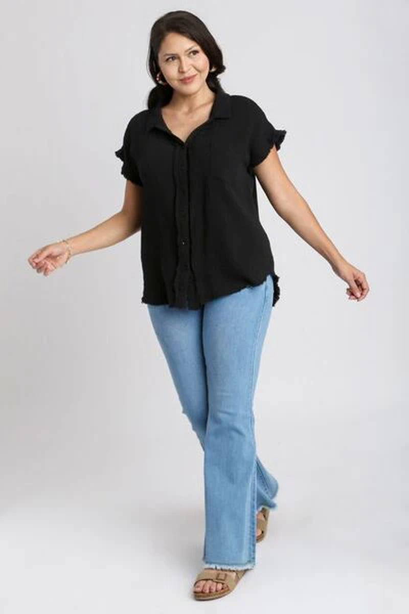 Umgee Full Size Frayed Hem Collared Neck Short Sleeve Shirt plus Size-sassyexpress