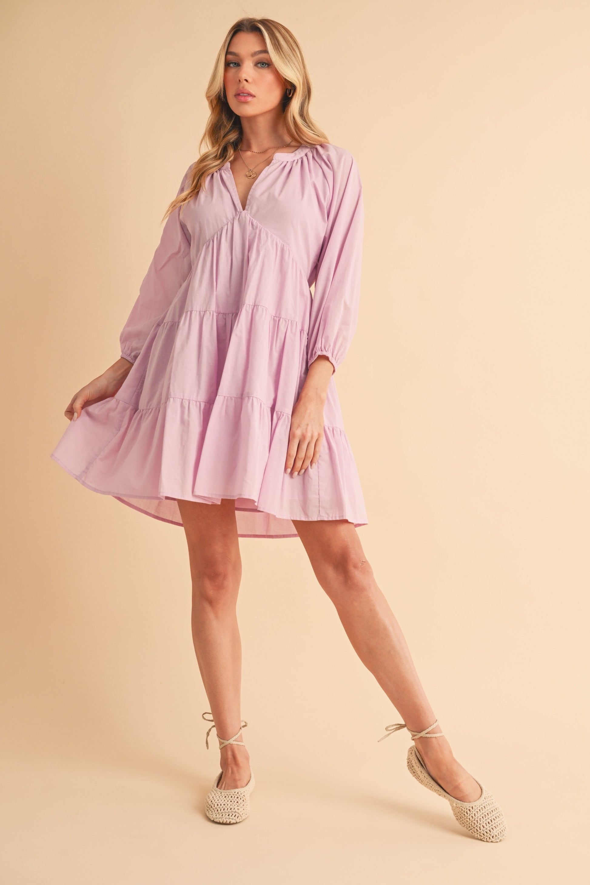 Aemi + Co Notched Balloon Sleeve Tiered Mini Dress-sassyexpress