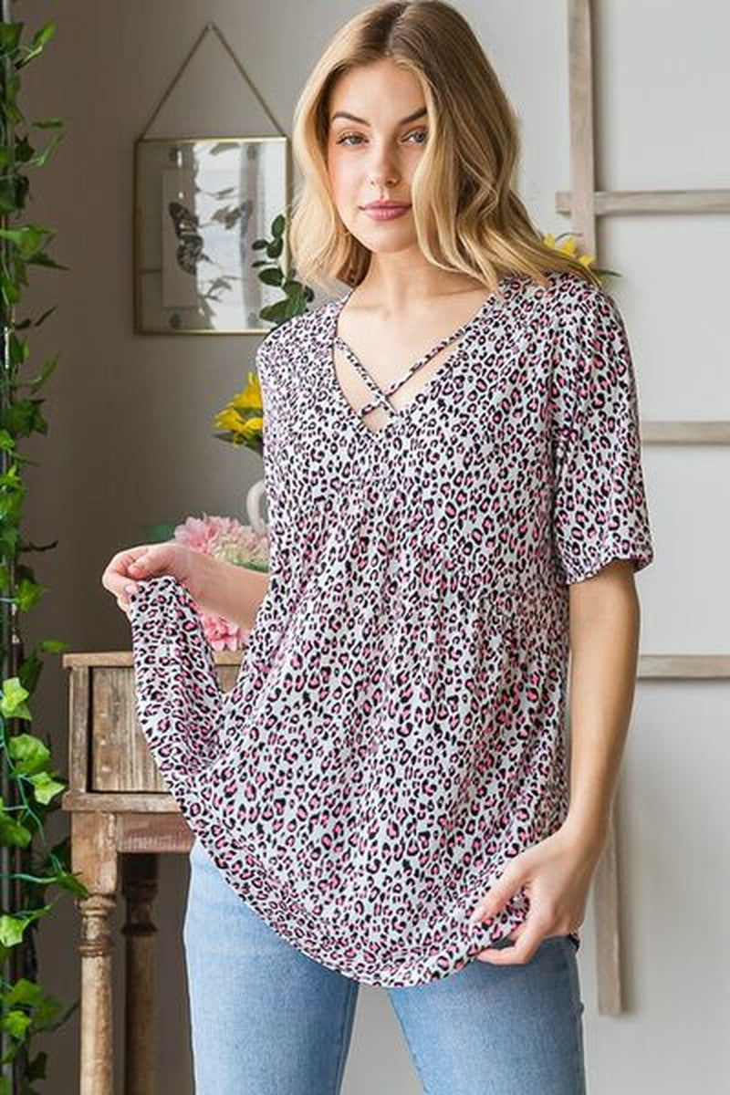 Heimish Full Size Short Sleeve Crisscross Animal Babydoll Top plus Size-sassyexpress