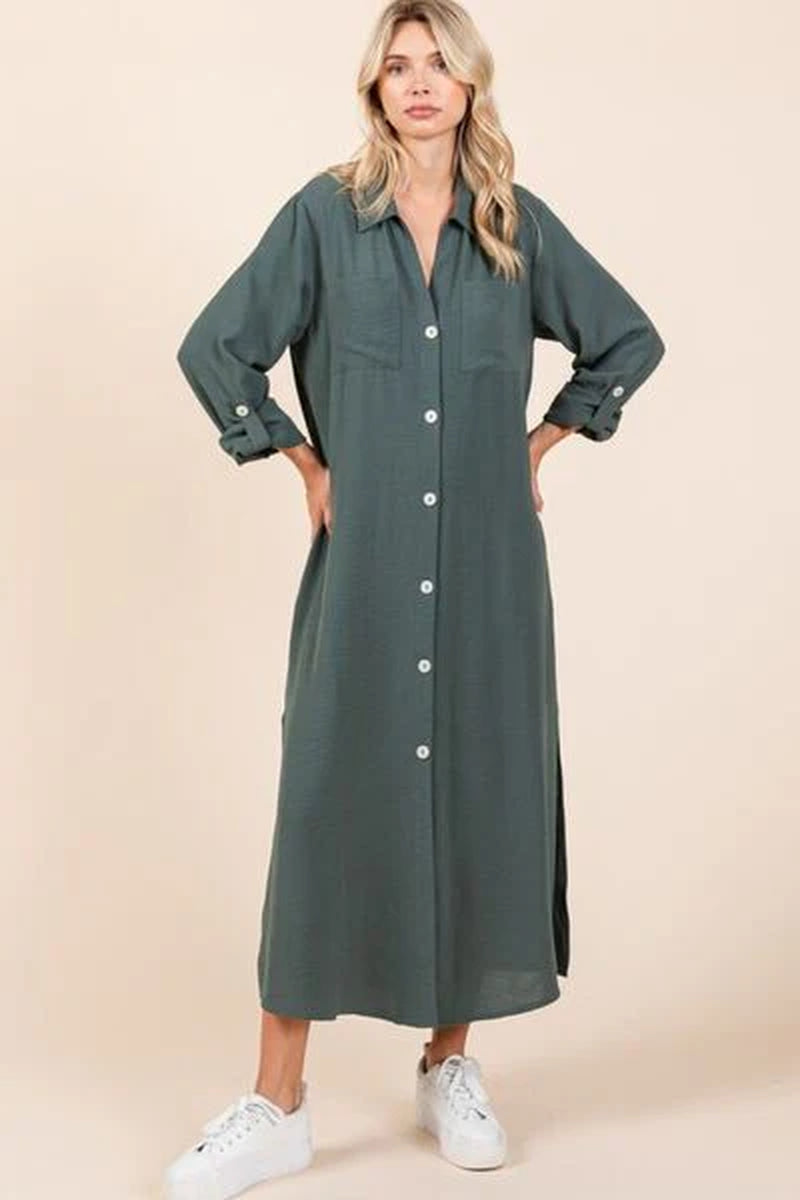 Mittoshop Airflow V-Neck Long Sleeve Button down Maxi Dress-sassyexpress
