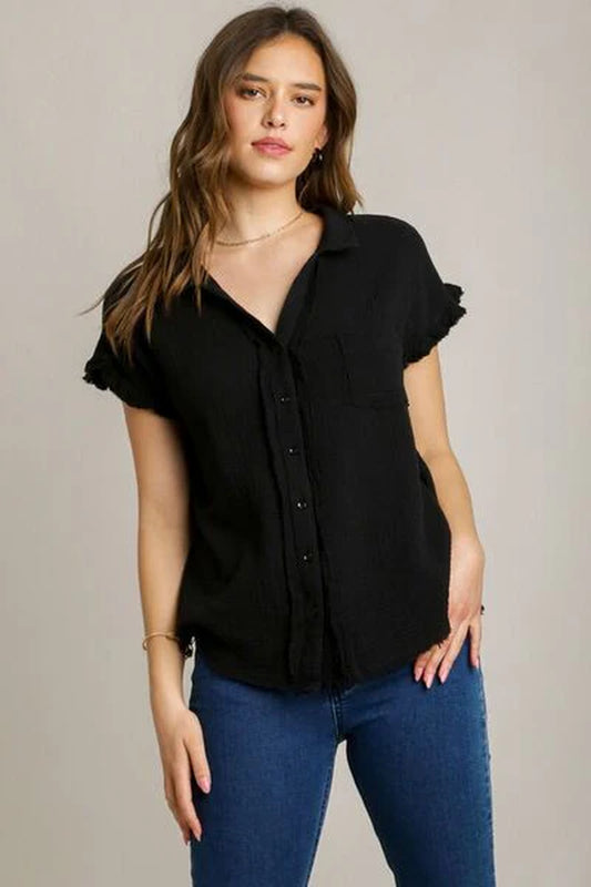 Umgee Full Size Frayed Hem Collared Neck Short Sleeve Shirt plus Size-sassyexpress