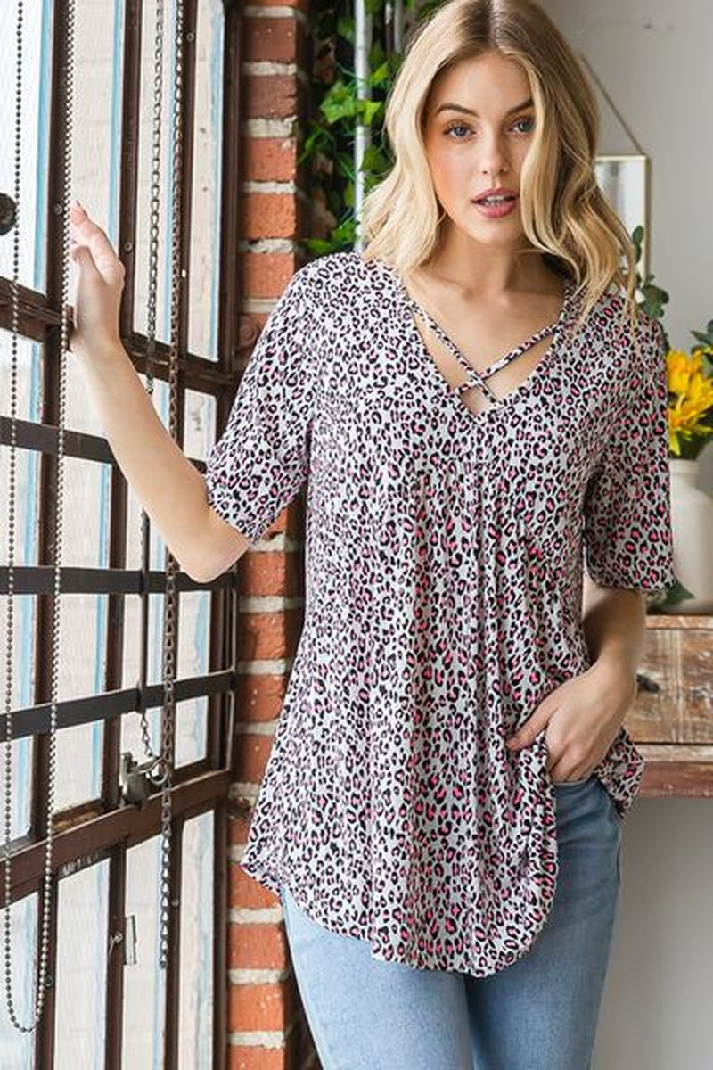 Heimish Full Size Short Sleeve Crisscross Animal Babydoll Top plus Size-sassyexpress