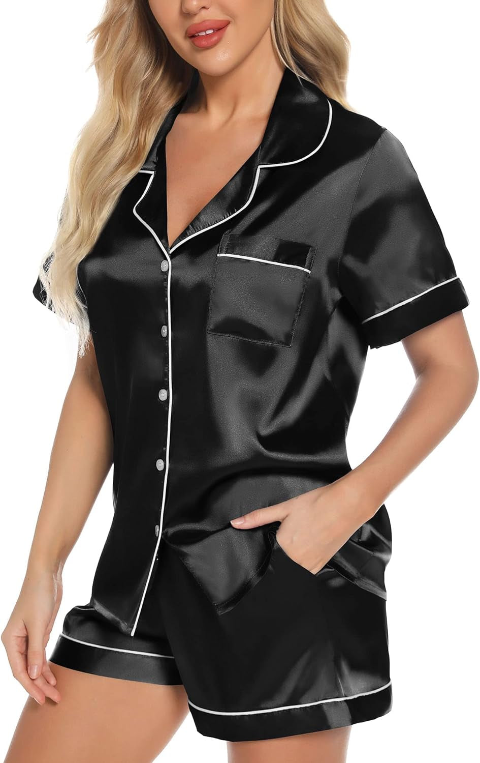 Women'S Silk Satin Pajamas Set Short Sleeve Sleepwear Two Piece Button down Pj Set with Pockets S-XXL-sassyexpress
