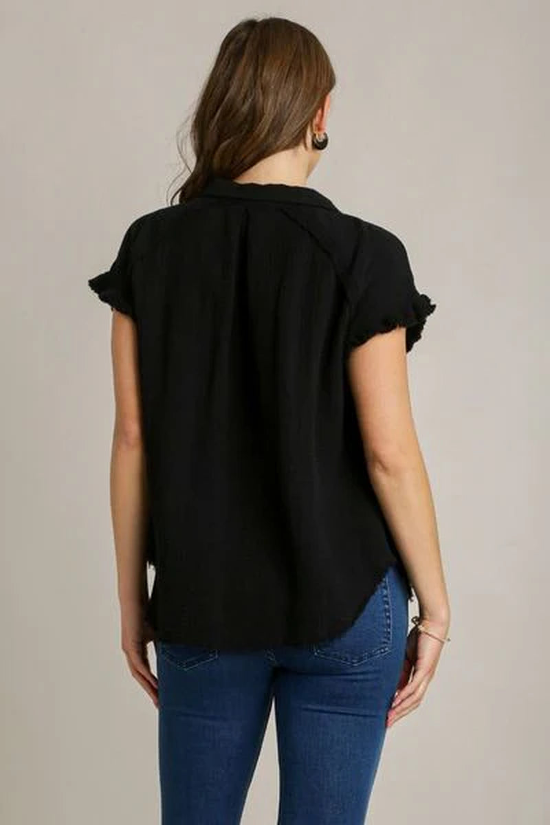 Umgee Full Size Frayed Hem Collared Neck Short Sleeve Shirt plus Size-sassyexpress
