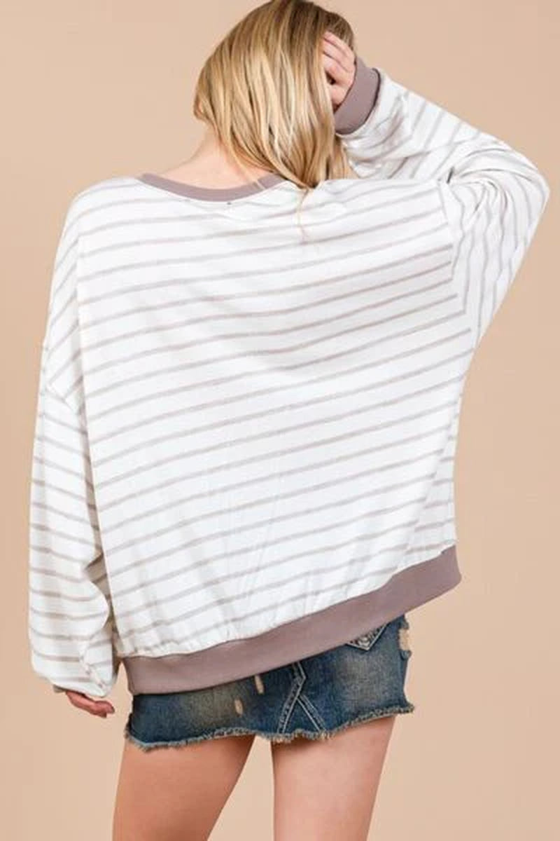 Ces Femme Striped round Neck Drop Shoulder Sweatshirt-sassyexpress