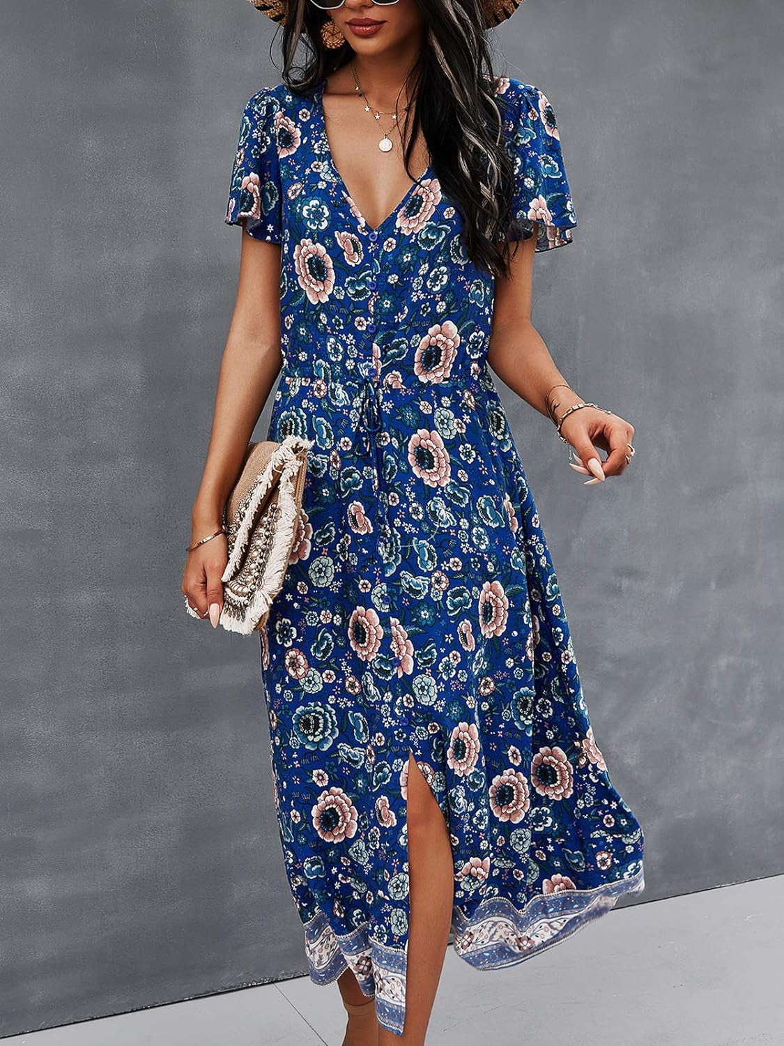 Women'S Dress Bohemian Short Sleeve Summer V-Neck Split Floral Printed Casual Maxi Dresses for Beach Party Blue XL-sassyexpress