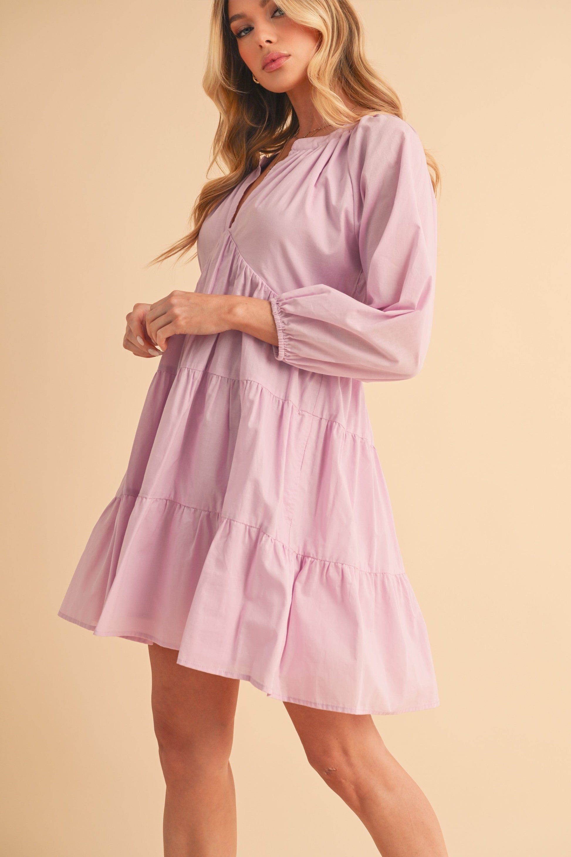 Aemi + Co Notched Balloon Sleeve Tiered Mini Dress-sassyexpress