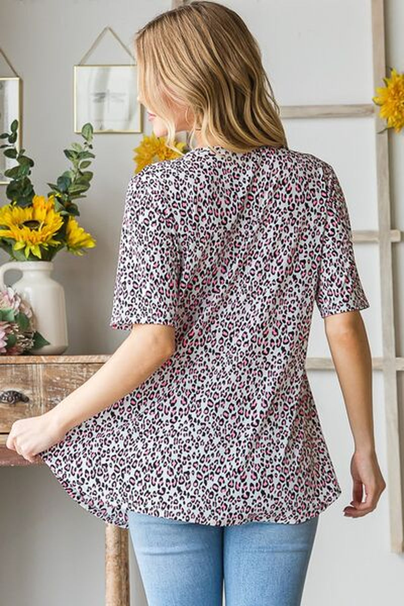 Heimish Full Size Short Sleeve Crisscross Animal Babydoll Top plus Size-sassyexpress