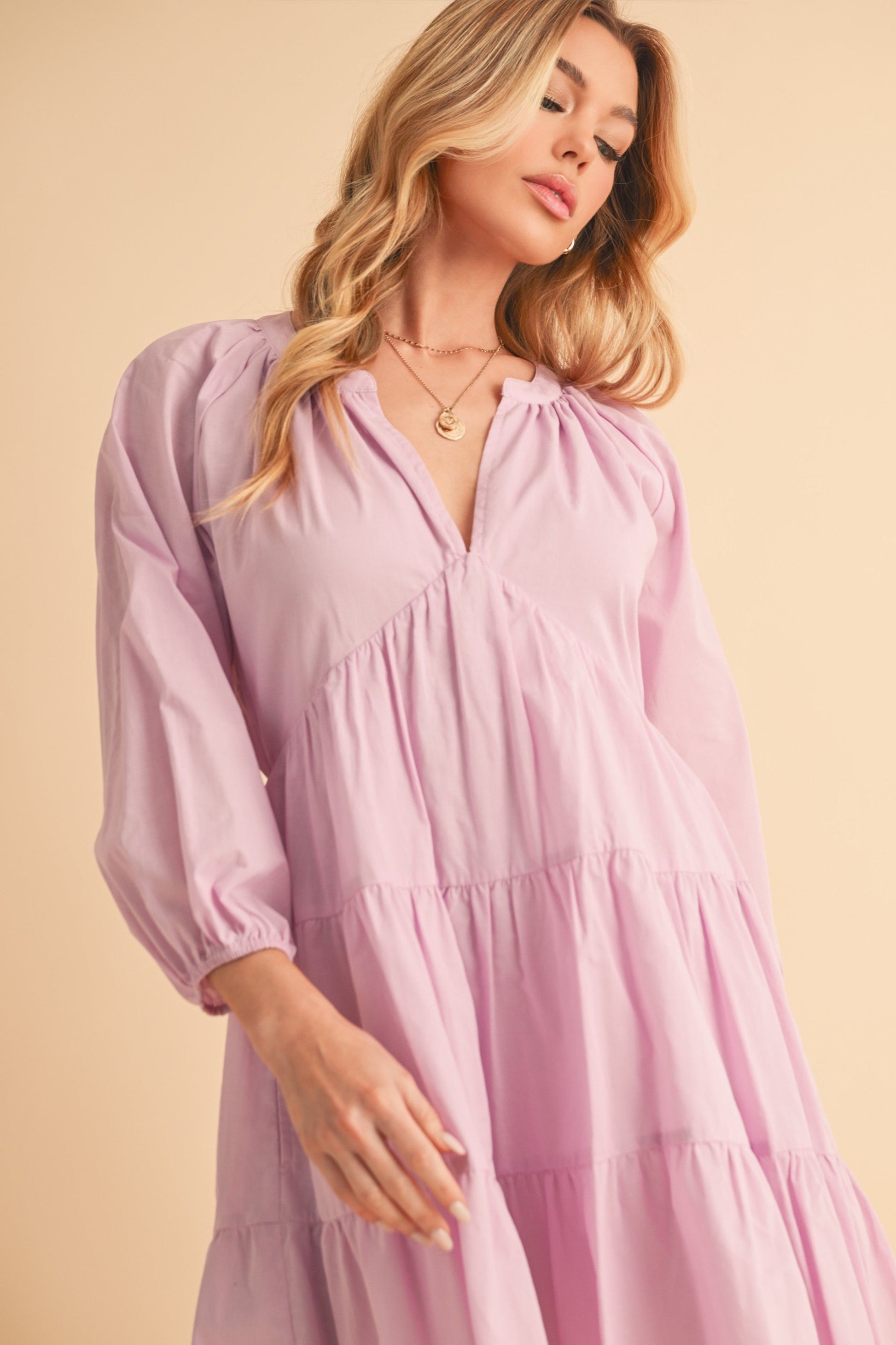 Aemi + Co Notched Balloon Sleeve Tiered Mini Dress-sassyexpress
