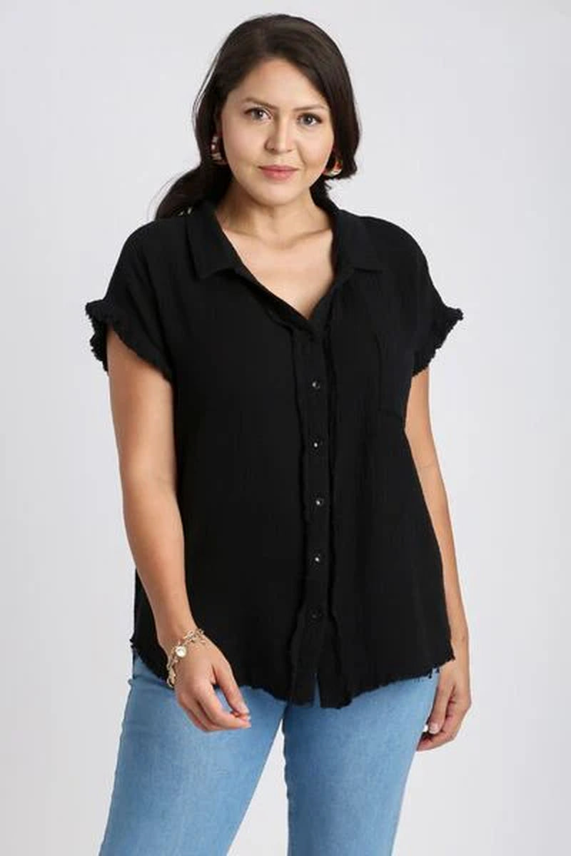Umgee Full Size Frayed Hem Collared Neck Short Sleeve Shirt plus Size-sassyexpress