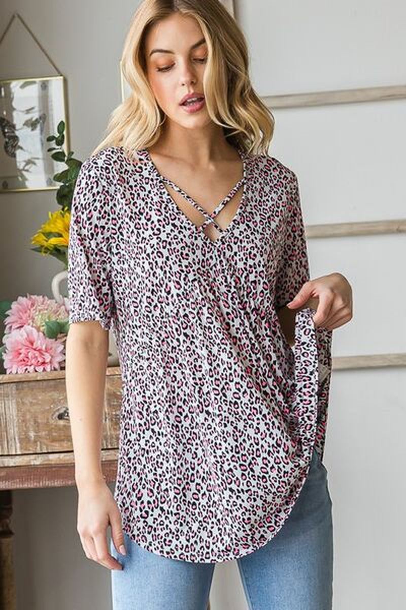 Heimish Full Size Short Sleeve Crisscross Animal Babydoll Top plus Size-sassyexpress