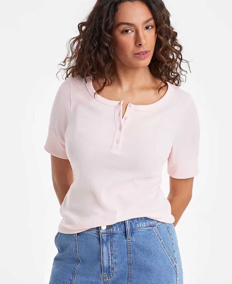 Women'S Short Sleeve Ribbed Henley Tee, Exclusively at Macy'S