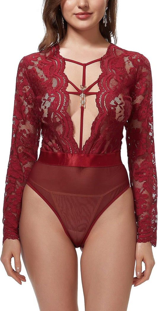 Women Lace Bodysuit Sexy Snap Crotch Long Sleeve Deep V Teddy Lingerie Tops-sassyexpress