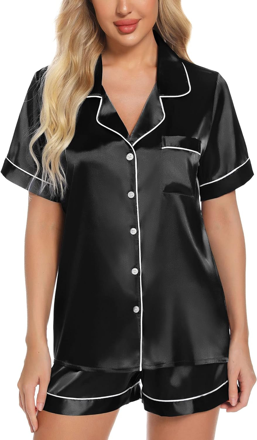 Women'S Silk Satin Pajamas Set Short Sleeve Sleepwear Two Piece Button down Pj Set with Pockets S-XXL-sassyexpress