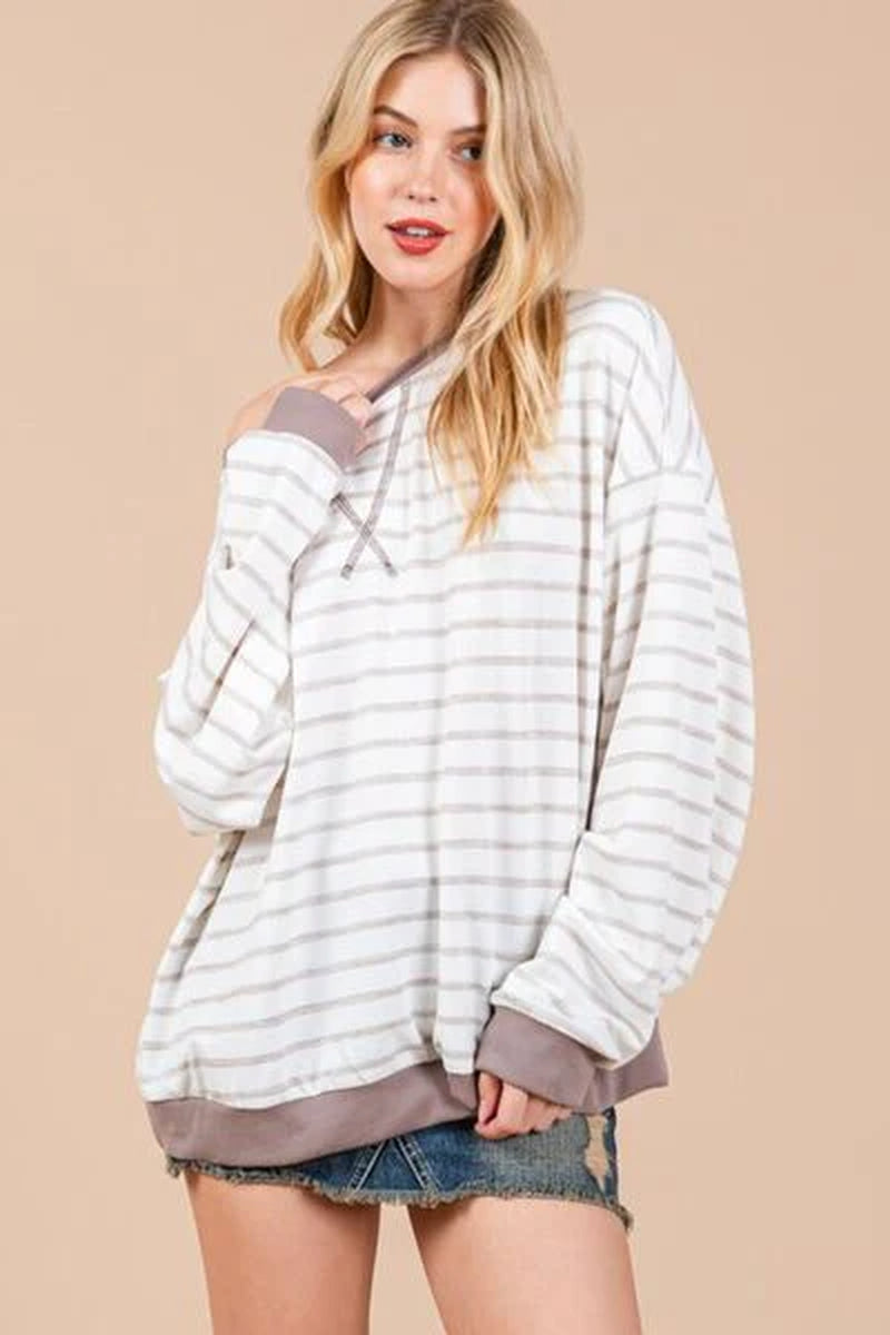 Ces Femme Striped round Neck Drop Shoulder Sweatshirt-sassyexpress