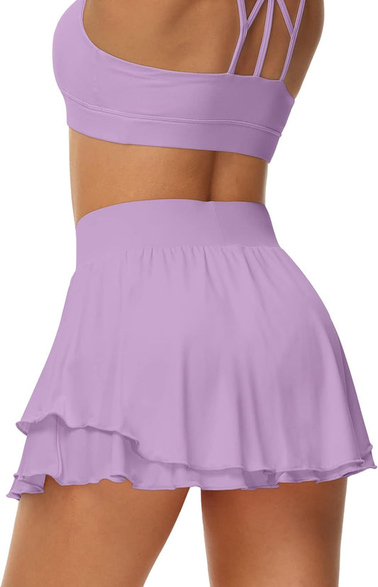 Women'S Athletic Tennis Skirts with Pockets 13In Ruffle Golf Running Workout Ice Silk Flowy Skorts with Sports Shorts-sassyexpress