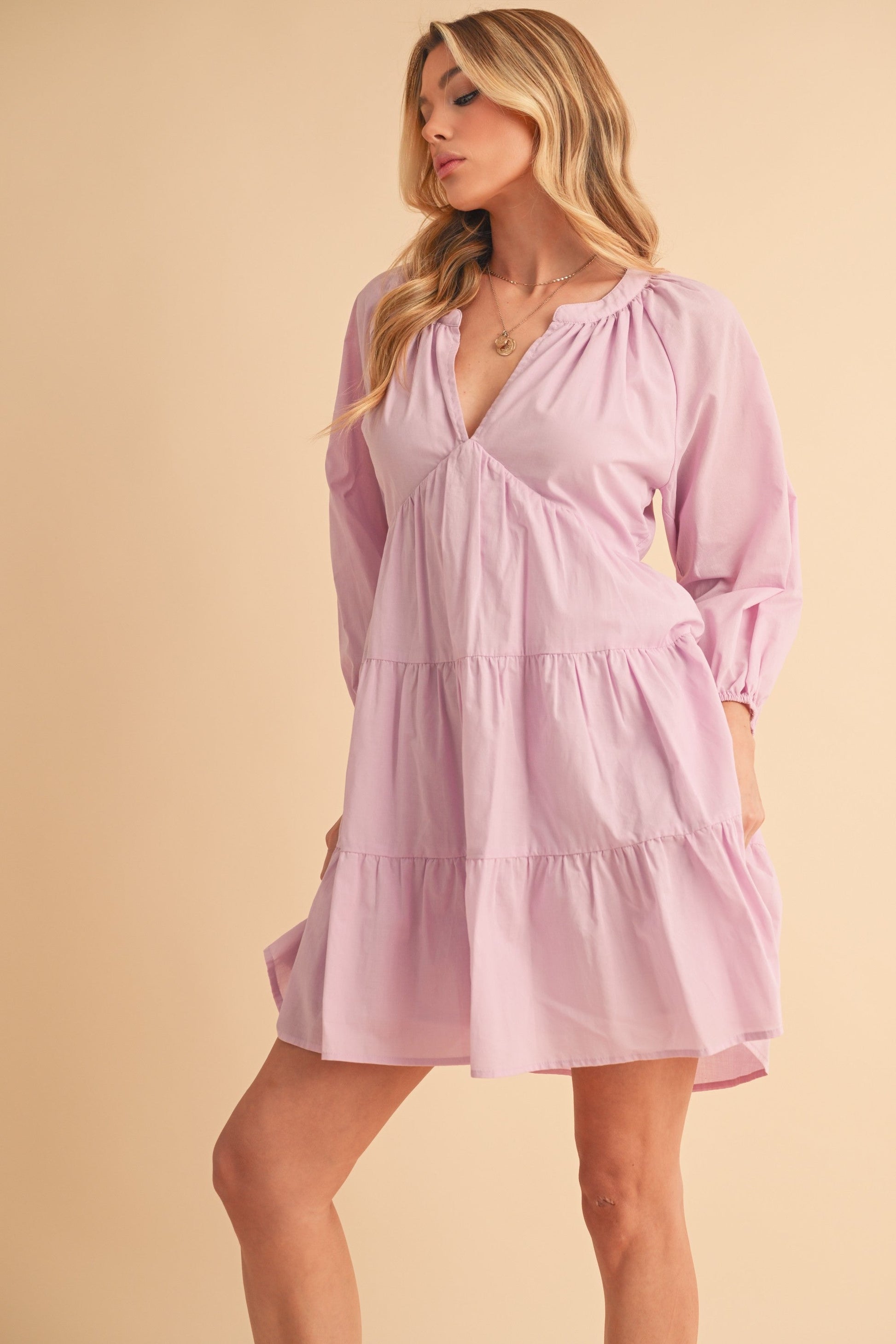 Aemi + Co Notched Balloon Sleeve Tiered Mini Dress-sassyexpress