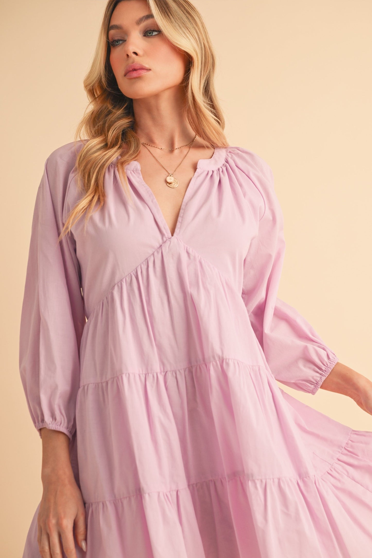 Aemi + Co Notched Balloon Sleeve Tiered Mini Dress-sassyexpress