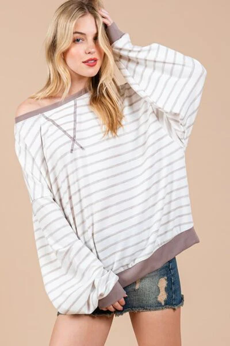 Ces Femme Striped round Neck Drop Shoulder Sweatshirt-sassyexpress