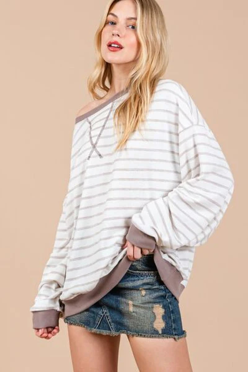 Ces Femme Striped round Neck Drop Shoulder Sweatshirt-sassyexpress