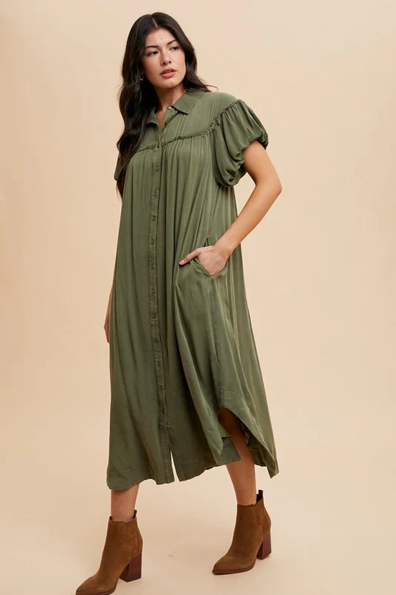 Annie Wear Mineral Washed Button down Puff Sleeve Shirt Dress