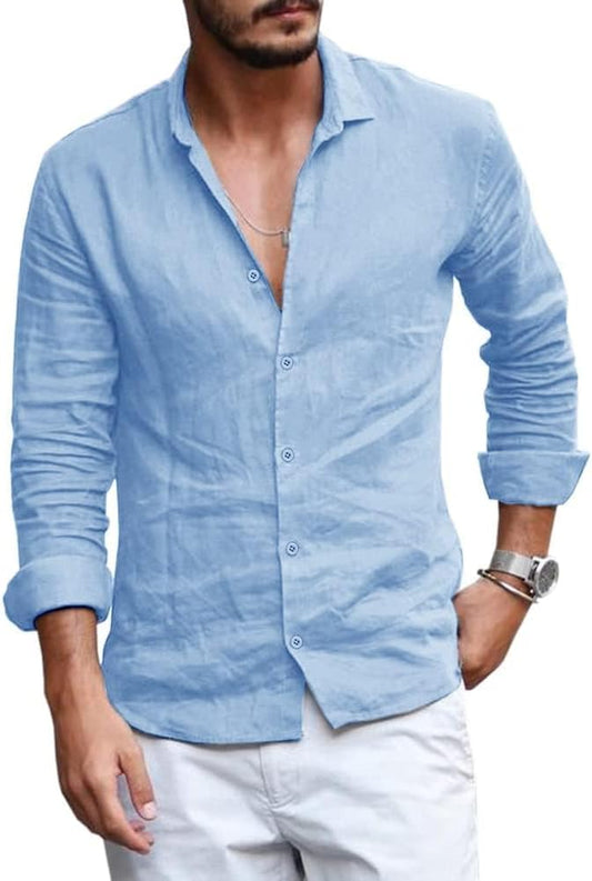 Mens Button down Shirt Linen Cotton Shirts Casual Long Sleeve Spread Collar Lightweight Beach Plain Tops-sassyexpress