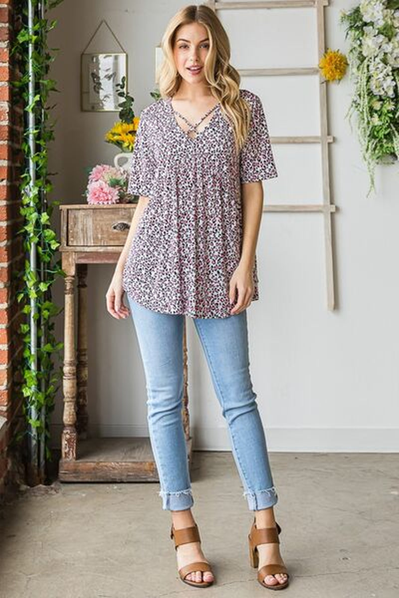 Heimish Full Size Short Sleeve Crisscross Animal Babydoll Top plus Size-sassyexpress