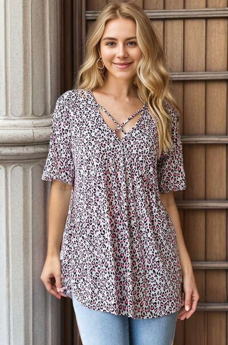 Heimish Full Size Short Sleeve Crisscross Animal Babydoll Top plus Size-sassyexpress