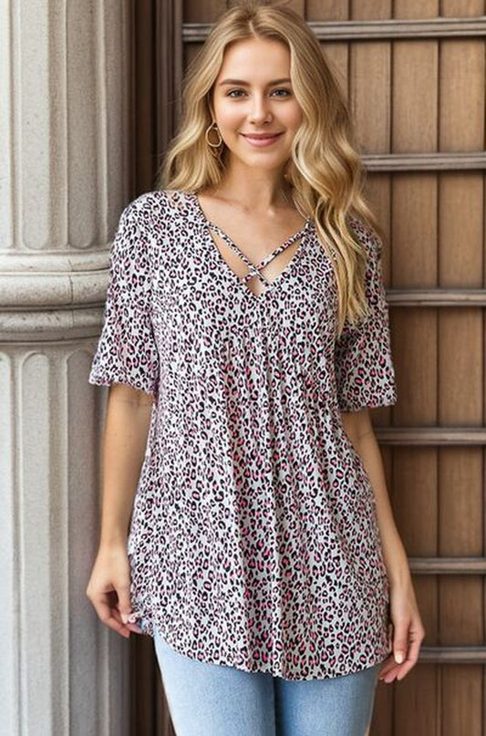 Heimish Full Size Short Sleeve Crisscross Animal Babydoll Top plus Size-sassyexpress