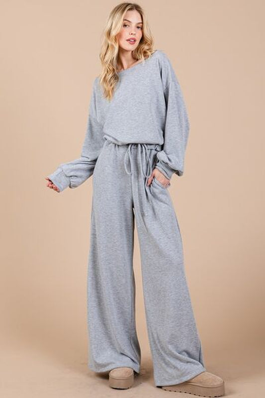 Ces Femme Boat Neck Long Sleeve Jumpsuit with Drawstring Detail-sassyexpress