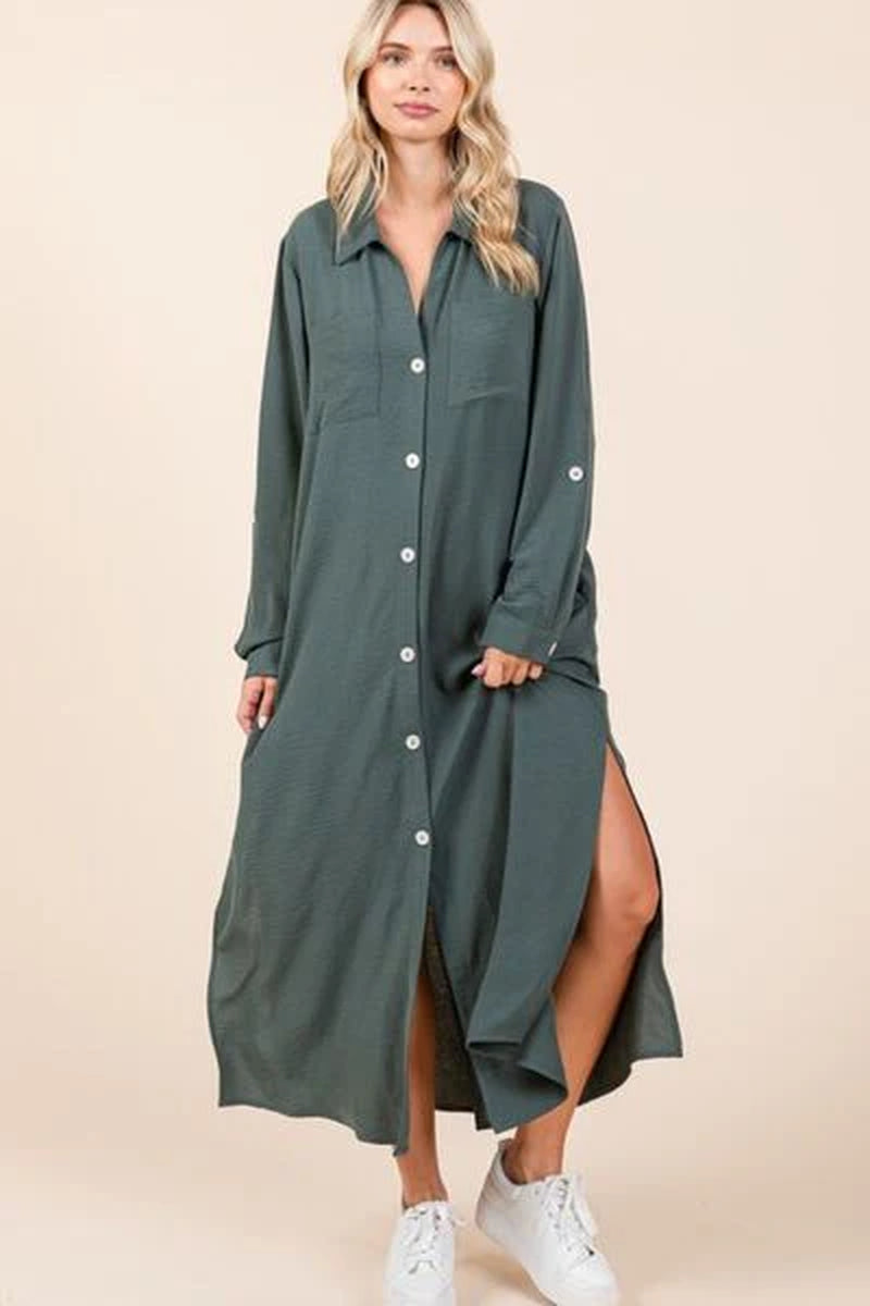 Mittoshop Airflow V-Neck Long Sleeve Button down Maxi Dress-sassyexpress