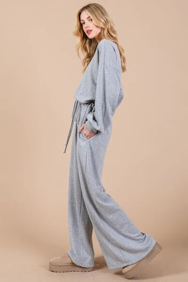 Ces Femme Boat Neck Long Sleeve Jumpsuit with Drawstring Detail-sassyexpress
