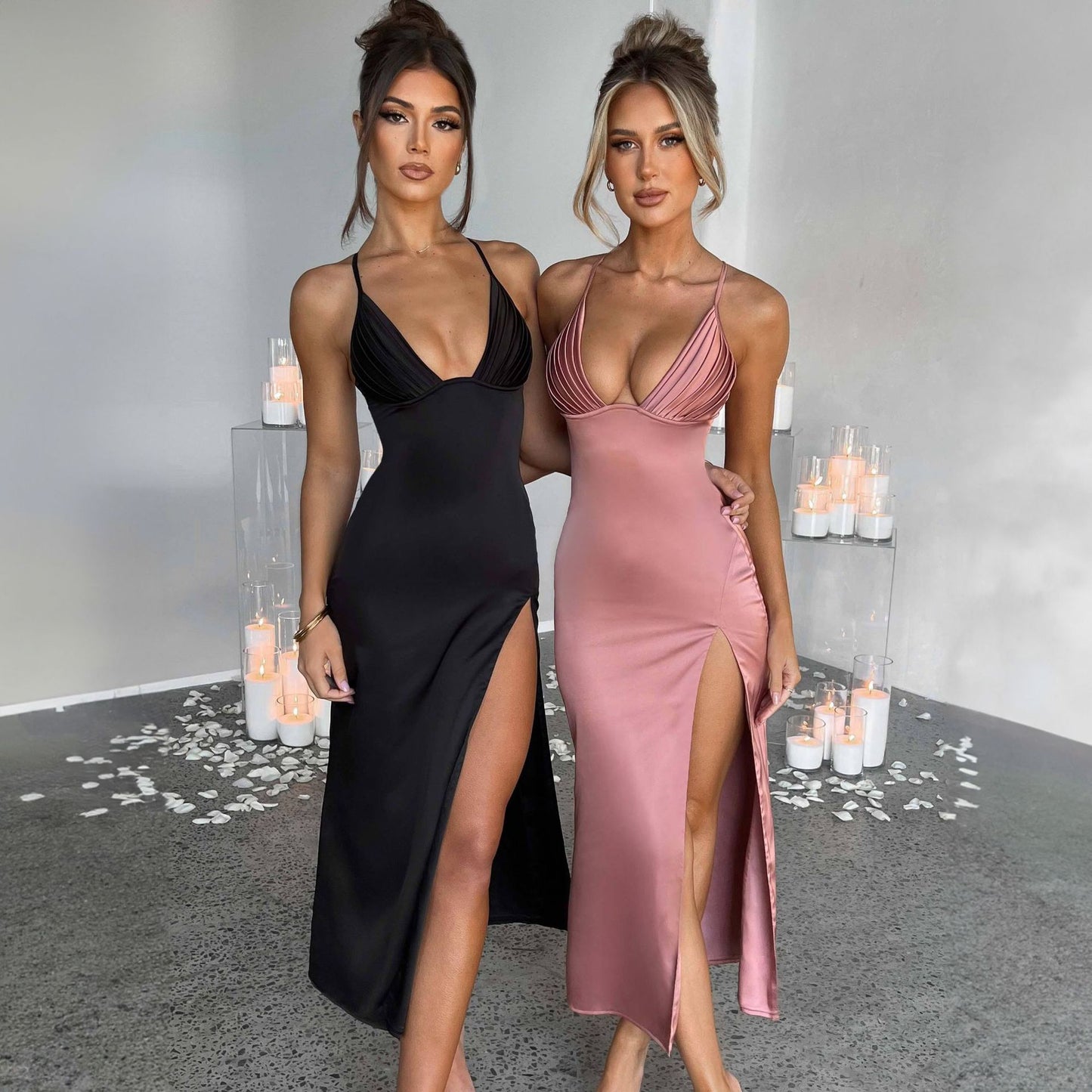 Spaghetti Strap Dress with Split Design Deep V-Neck Sleeveless Backless Bodycon Party Dresses for Womens Clothing-sassyexpress
