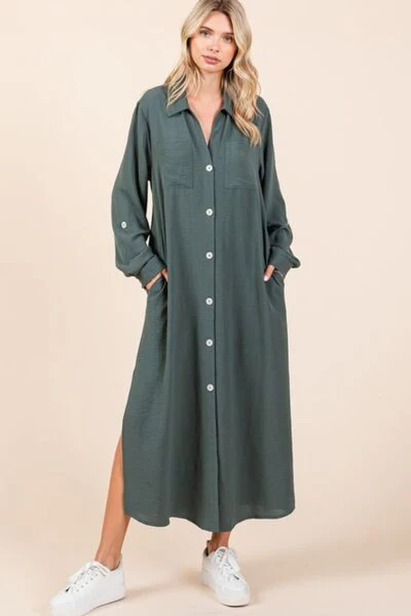 Mittoshop Airflow V-Neck Long Sleeve Button down Maxi Dress-sassyexpress