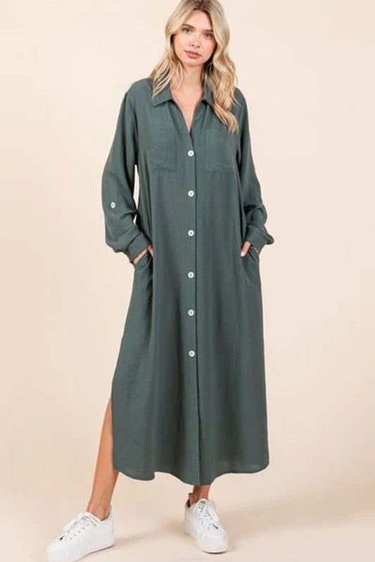 Mittoshop Airflow V-Neck Long Sleeve Button down Maxi Dress-sassyexpress
