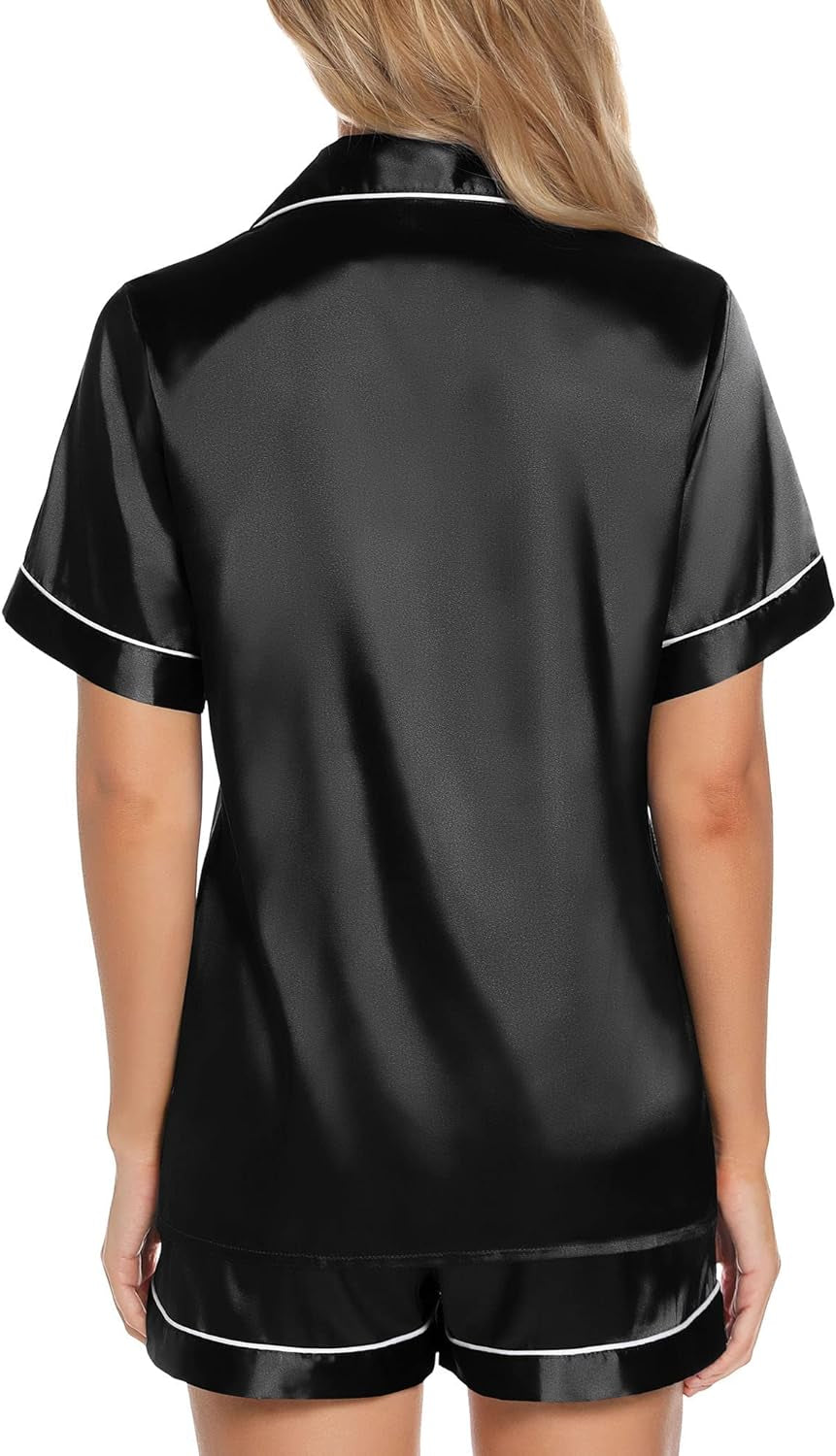 Women'S Silk Satin Pajamas Set Short Sleeve Sleepwear Two Piece Button down Pj Set with Pockets S-XXL-sassyexpress