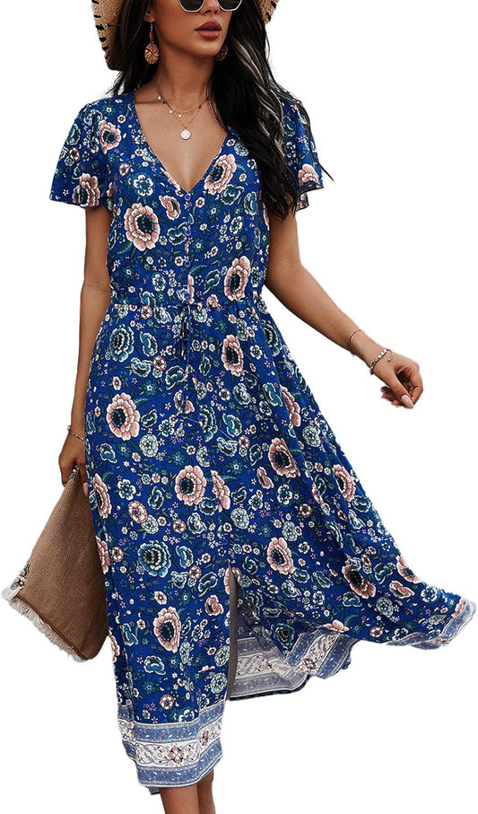 Women'S Dress Bohemian Short Sleeve Summer V-Neck Split Floral Printed Casual Maxi Dresses for Beach Party Blue XL-sassyexpress