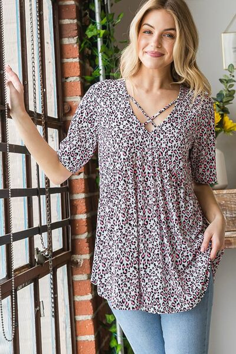 Heimish Full Size Short Sleeve Crisscross Animal Babydoll Top plus Size-sassyexpress