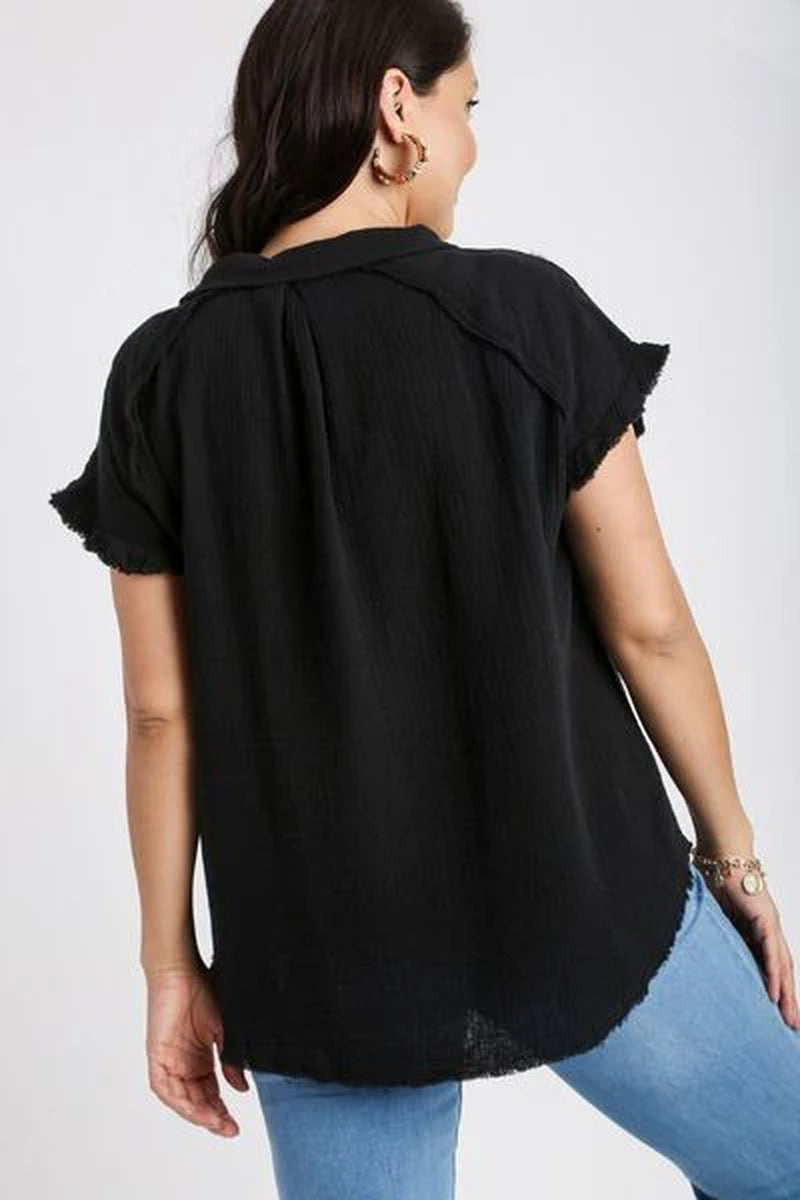 Umgee Full Size Frayed Hem Collared Neck Short Sleeve Shirt plus Size-sassyexpress