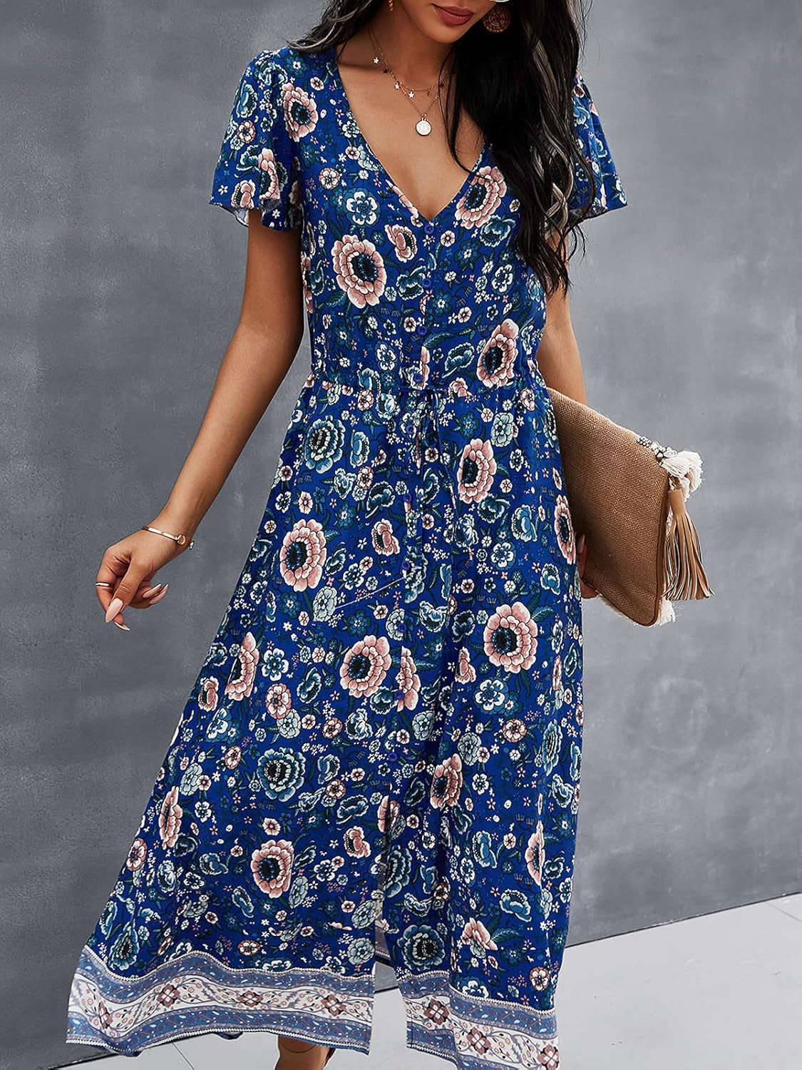 Women'S Dress Bohemian Short Sleeve Summer V-Neck Split Floral Printed Casual Maxi Dresses for Beach Party Blue XL-sassyexpress