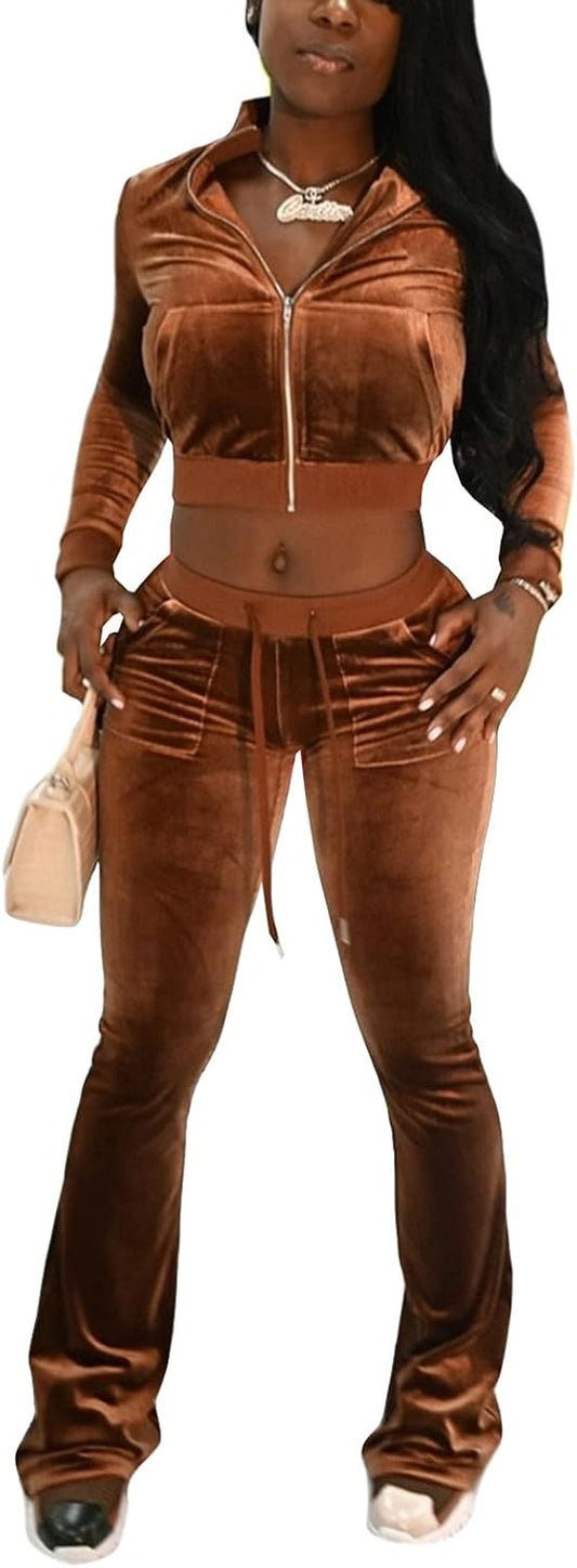 Velvet 2 Piece Set for Women Cute Hoodied Crop Top Short Outfit Velour Long Sleeve Zip up Matching Suit-sassyexpress