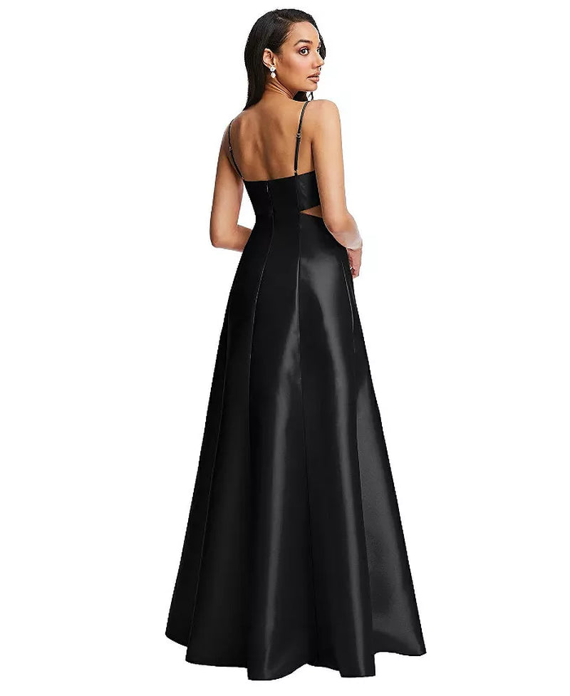 Womens Open Neckline Cutout Satin Twill A-Line Gown with Pockets-sassyexpress