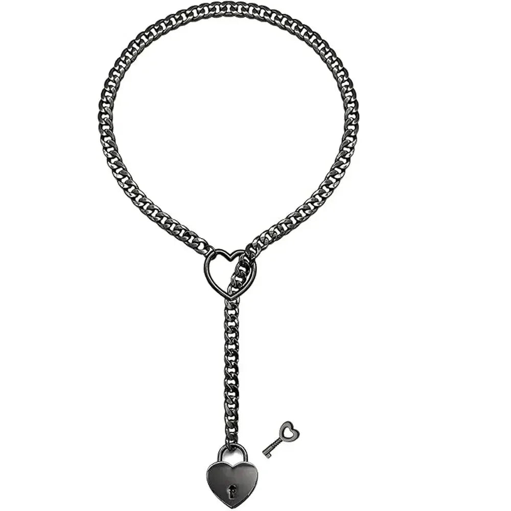 Adjustable Heart O-Ring Punk Rock Cuban Chain Necklace – Lariat Y-Style Necklace with Key & Heart Lock Pendant-sassyexpress