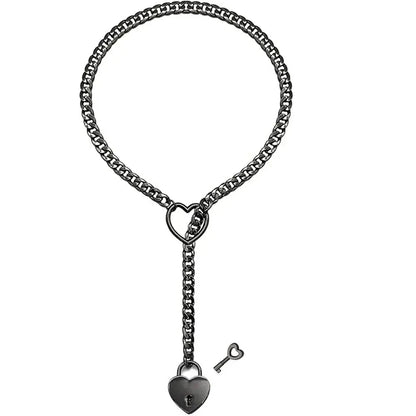 Adjustable Heart O-Ring Punk Rock Cuban Chain Necklace – Lariat Y-Style Necklace with Key & Heart Lock Pendant-sassyexpress