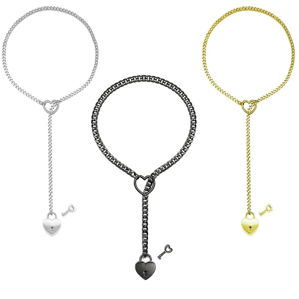 Adjustable Heart O-Ring Punk Rock Cuban Chain Necklace – Lariat Y-Style Necklace with Key & Heart Lock Pendant-sassyexpress