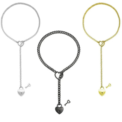 Adjustable Heart O-Ring Punk Rock Cuban Chain Necklace – Lariat Y-Style Necklace with Key & Heart Lock Pendant-sassyexpress