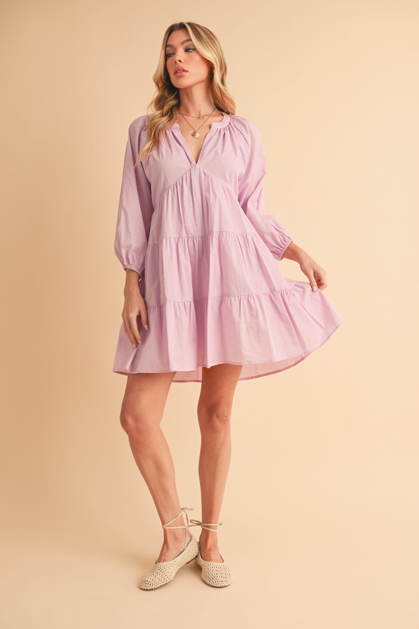 Aemi + Co Notched Balloon Sleeve Tiered Mini Dress-sassyexpress